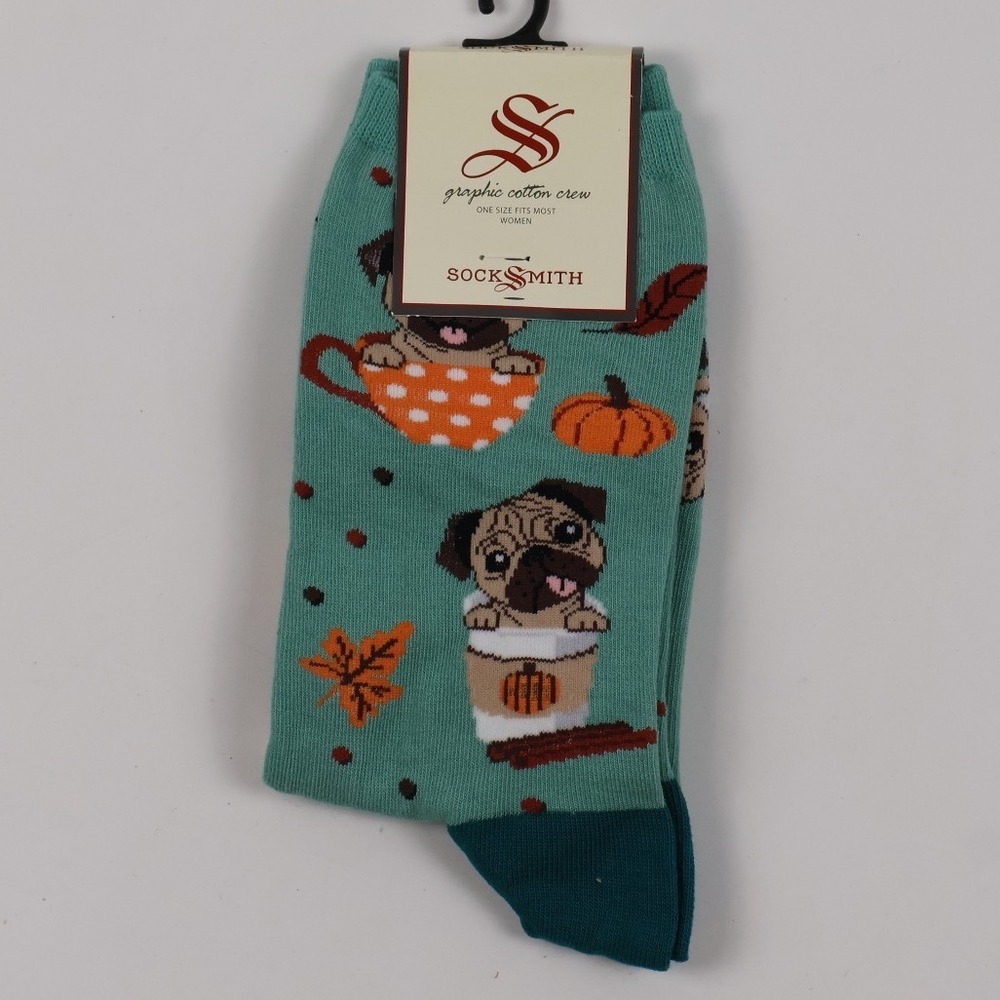 Socksmith Crew Socks Pugkin Spice Latte Teal Pug Pumpkin One Size NWT